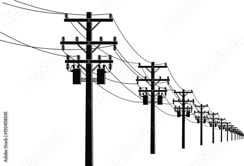 Silhouette of endless utility poles and power lines receding into distance, minimalist black and white perspective of electricity transmission infrastructure against clean white background