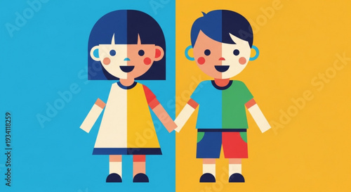 Two happy children holding hands smiling cartoon style against split blue and yellow background symbolizing friendship and unity