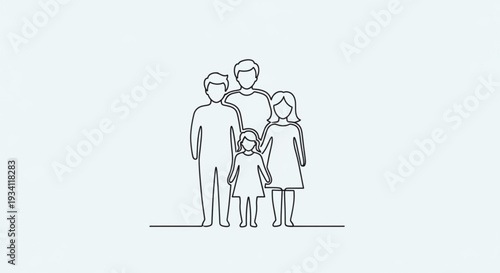 A family of four stands together in a simple line drawing conveying unity and togetherness in a minimalist style