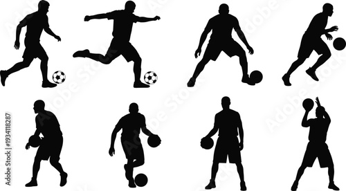 Soccer and basketball player silhouettes set in dynamic action poses, athletic men dribbling and kicking balls isolated on white background for sports design