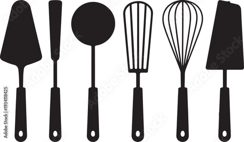 Black silhouettes of kitchen utensils on white background