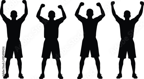 Strong athletic man silhouette set with raised arms in victory pose, muscular male figure collection isolated on white background for fitness and motivation concepts