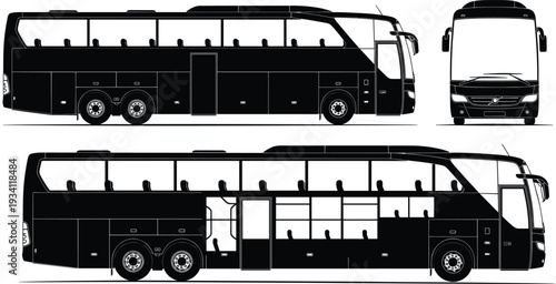 Black silhouette of a modern luxury coach bus from side front and top views transportation vehicle