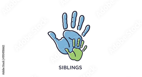 Sibling bond represented by intertwined blue and green handprints on white background