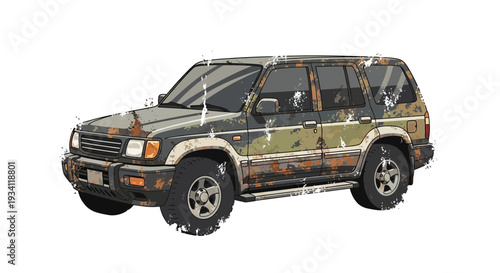 Weathered Off-Road SUV with Camouflage Paint and Rust