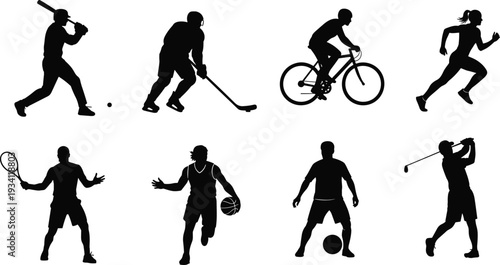 Sports silhouettes collection, baseball, hockey, cycling, running, tennis, basketball, soccer, golf, athletic activities, fitness, recreation, physical movement illustration
