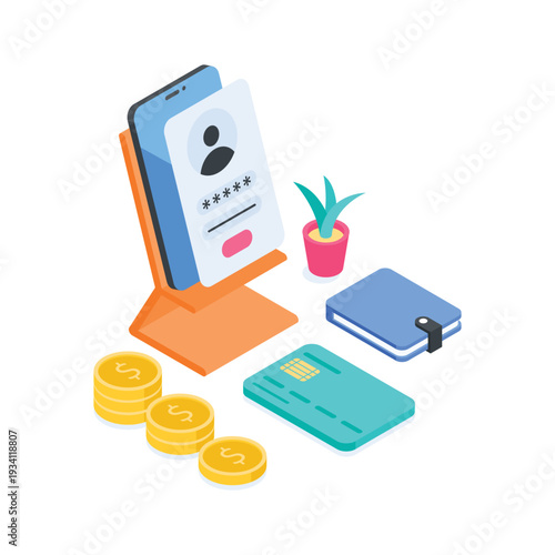 Trendy isometric illustration of mobile banking application, premium vector