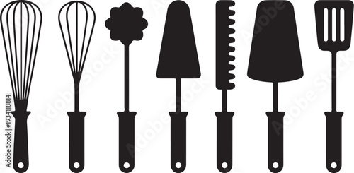 Black silhouettes of kitchen utensils on white background