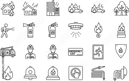 Fire safety and emergency vector icon set with extinguisher alarm exit and firefighter symbols