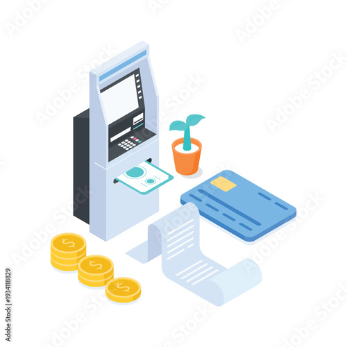 Well designed isometric illustration of atm machine service