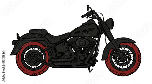 Classic black motorcycle with red tires, detailed illustration