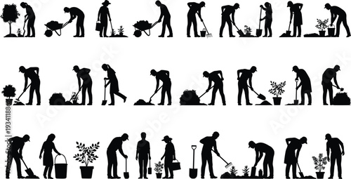 Black silhouette set of gardeners, farmers planting trees, people working in garden, agriculture workers, cad drawing, flat vector illustration, isolated.