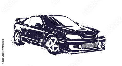 Dark blue sports car illustration with grunge effect on white background