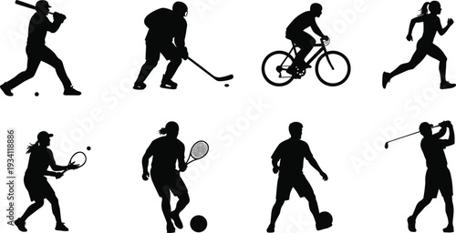 Sports silhouettes of athletes in action, baseball, hockey, cycling, running, tennis, squash, soccer, golf, vector illustration, dynamic athletic movements