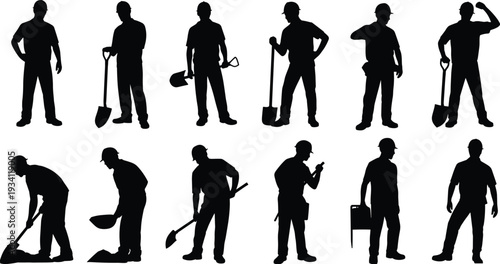 Construction workers silhouette set, industrial laborers with shovel tools and safety helmets, building workforce vector illustration isolated on white background