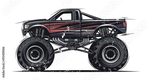 Monster truck illustration, off-road vehicle, extreme sports, cartoon sketch style