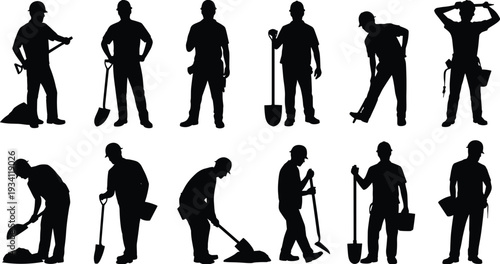 Construction worker silhouettes with shovel pickaxe and tool bag, professional builder labor vector illustration isolated on white background for industry concept