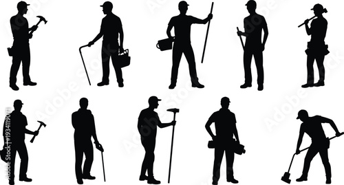 Construction worker silhouettes with hammer crowbar shovel and tool bag, professional builder labor vector illustration isolated on white background