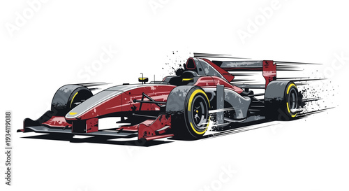 Red and grey racing car, dynamic motion blur, abstract style, isolated on white