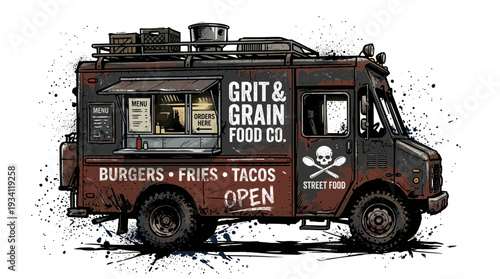 Rustic food truck with grunge style, featuring "Grit & Grain Food Co." and menu items.
