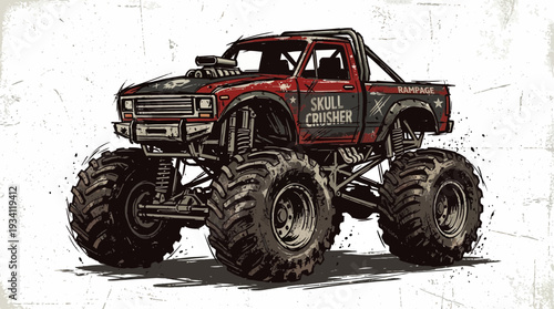Vintage monster truck with skull crusher text, off-road vehicle illustration