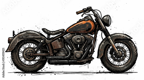 Vintage Motorcycle Illustration, Retro Chopper, Classic Style, Isolated on White