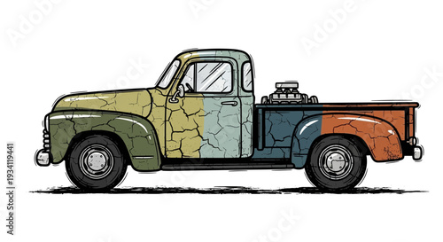 Vintage pickup truck with custom engine, cartoon style, isolated on white