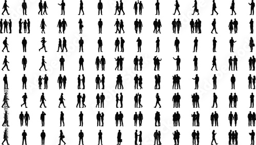 People silhouette collection set, men and women walking, standing and talking isolated on white background