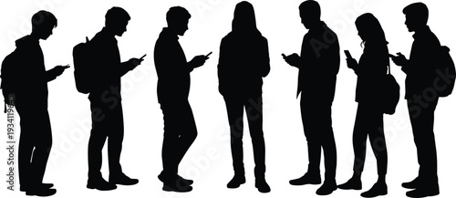 People using smartphones silhouette collection, young men and women texting with backpacks isolated on white background