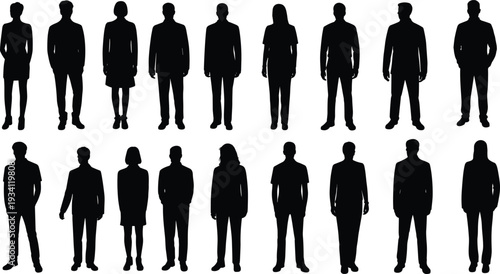 Professional business people silhouette collection, corporate men and women standing in formal poses isolated on white background