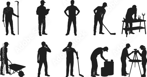 Industrial worker and technician silhouettes collection, construction laborers with tools and equipment, engineering workforce vector illustration isolated on white background