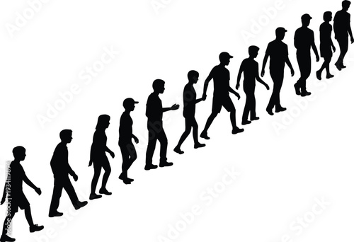 Sequence of walking people silhouettes in side view, men and women progression concept isolated on white background