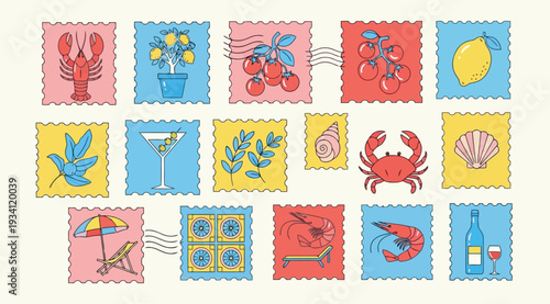 Colorful beach stamps featuring various summer icons and seafood on white background