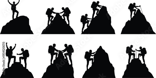 Black silhouette set of mountain climbers, hiking athletes reaching summit, trekking outdoor adventure, teamwork, cad drawing, flat vector illustration, isolated.