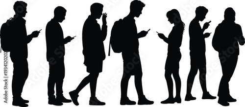 Young people smartphone silhouette set, men and women texting with backpacks isolated on white background