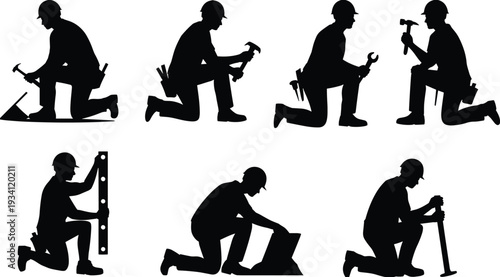 Kneeling construction worker silhouettes collection, builder using hammer and wrench tools, black vector illustration isolated on white background for industrial concept