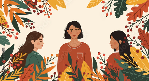 Diverse Women Amidst Autumn Foliage Illustration - Fall Leaves & Berries, Modern Flat Design for Seasonal Beauty, Community, and Wellness