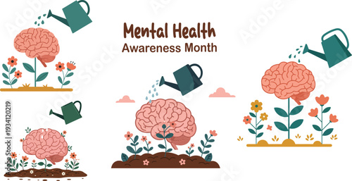 Mental health awareness month illustration set with brain flowers and watering can