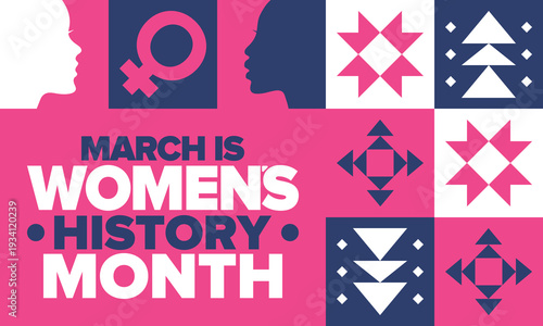 Women's History Month. The annual month that highlights the contributions of women to events in history. Celebrated during March in the United States, the United Kingdom, and Australia. Vector poster