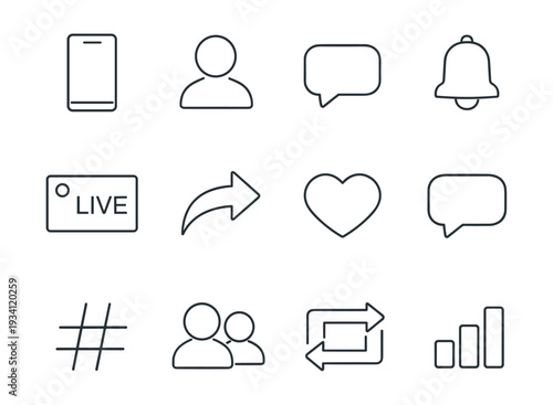 Collection of social media icons including phone, user, chat, bell, live, share, heart, hashtag, and graph
