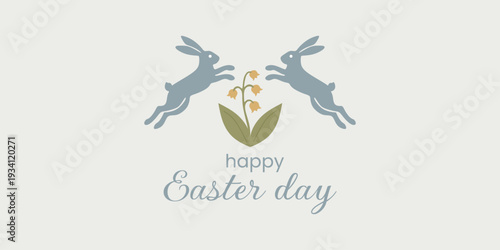 Two jumping bunny rabbits illustration with happy Easter day text and lily of the valley plant. Spring holiday greeting card design element.