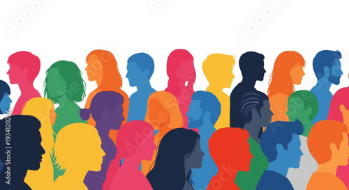 Vibrant Diverse Crowd Silhouettes: Colorful Profiles of Multi-ethnic People Representing Global Community and Inclusion