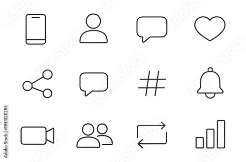 Collection of social media icons including phone, user, chat, heart, share, hashtag, bell, video, group, repeat, and graph