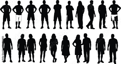Black silhouette set of people standing, casual men and women figures, diverse group posing, cad drawing, flat vector illustration, isolated.