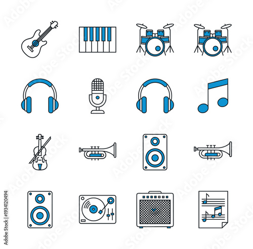Collection of musical instruments and audio equipment icons in a grid layout