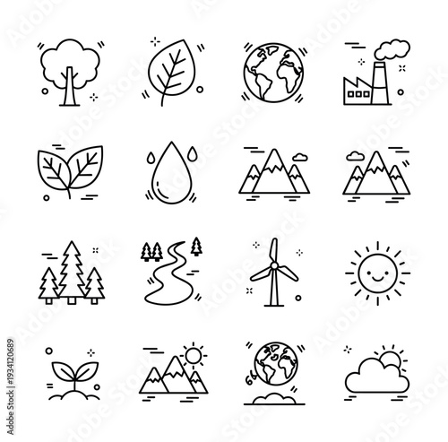 Collection of simple line icons representing nature, environment, and renewable energy concepts