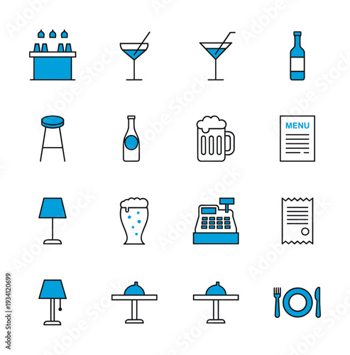 Collection of bar and restaurant icons in blue and black outline style