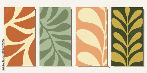 Four botanical art panels featuring abstract leaf and floral designs