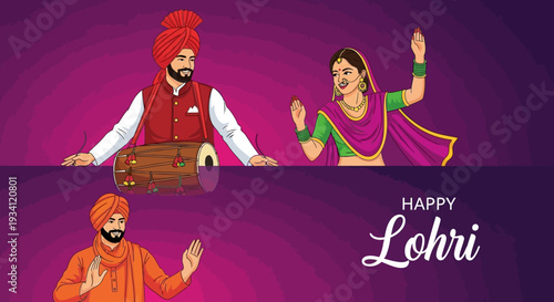 Vibrant Lohri Festival Celebration Banner with Traditional Indian Folk Dance, Music & Punjabi Cultural Elements