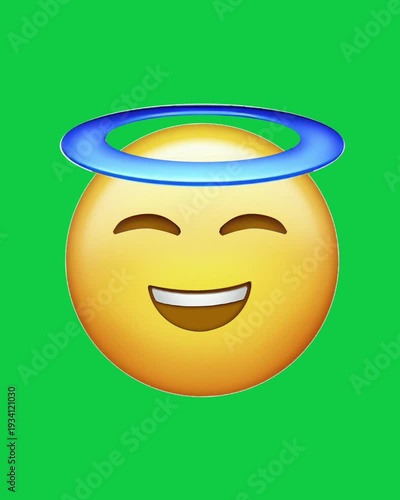 Animated smiling angel emoji with blue halo on green screen background. Cute innocent emoticon motion graphic for chroma key editing, overlays, reaction videos, and creative content.